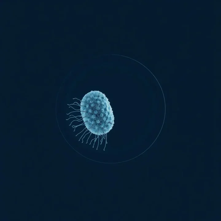 Estructura celular microscópica observada a través de la apertura de una lente circular, mostrando una transición hacia píxeles digitales sobre un fondo oscuro.