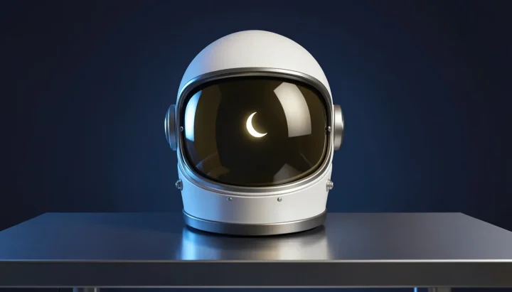 Ein stilisierter Astronautenhelm aus der Gemini-Ära auf einem metallischen Tisch, der einen leuchtenden Sichelmond in seinem dunkelgoldenen Visier vor einem tiefblauen Hintergrund widerspiegelt.