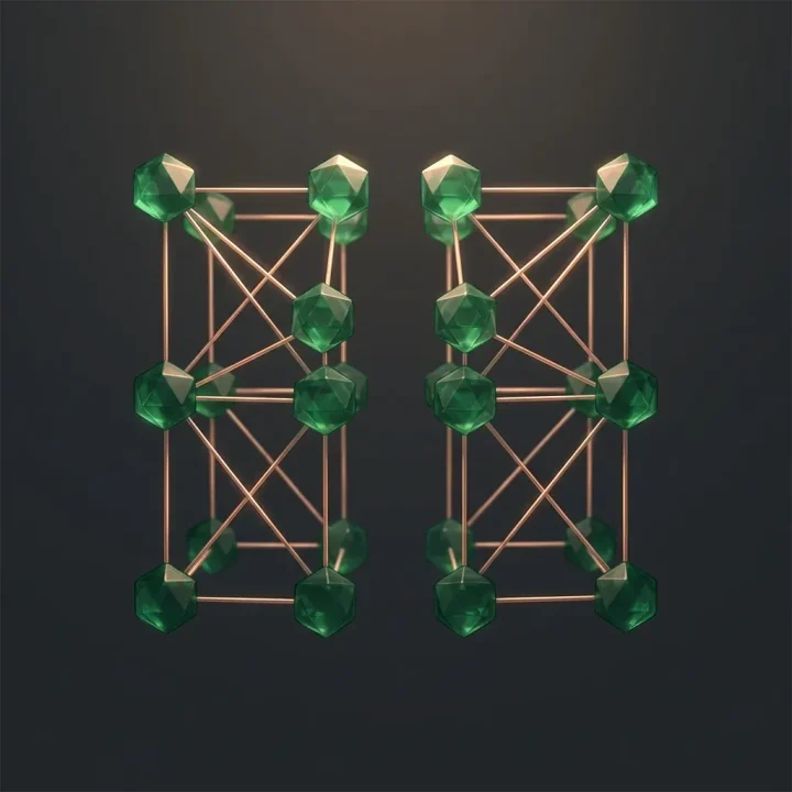 Editorial illustration of a glowing matrix network of emerald-green glass nodes split down the middle across a dark background.