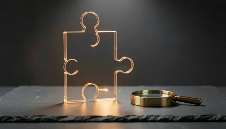 A translucent glass puzzle piece and a brass magnifying glass rest on a dark slate table under soft overhead lighting.