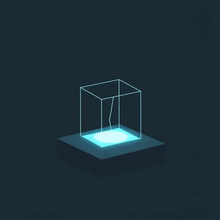A glowing cyan geometric cube sitting on a dark surface with a faint light beam escaping through a thin gap.