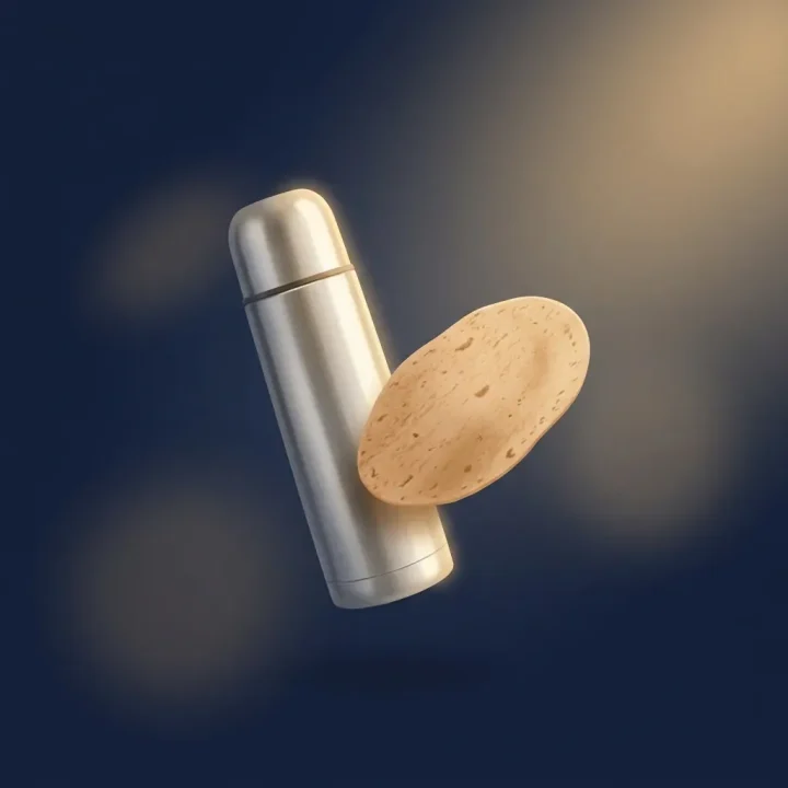 Uma ilustração editorial destacando uma garrafa térmica prateada e uma tortilla marrom macia flutuando contra um fundo azul-marinho escuro em microgravidade.