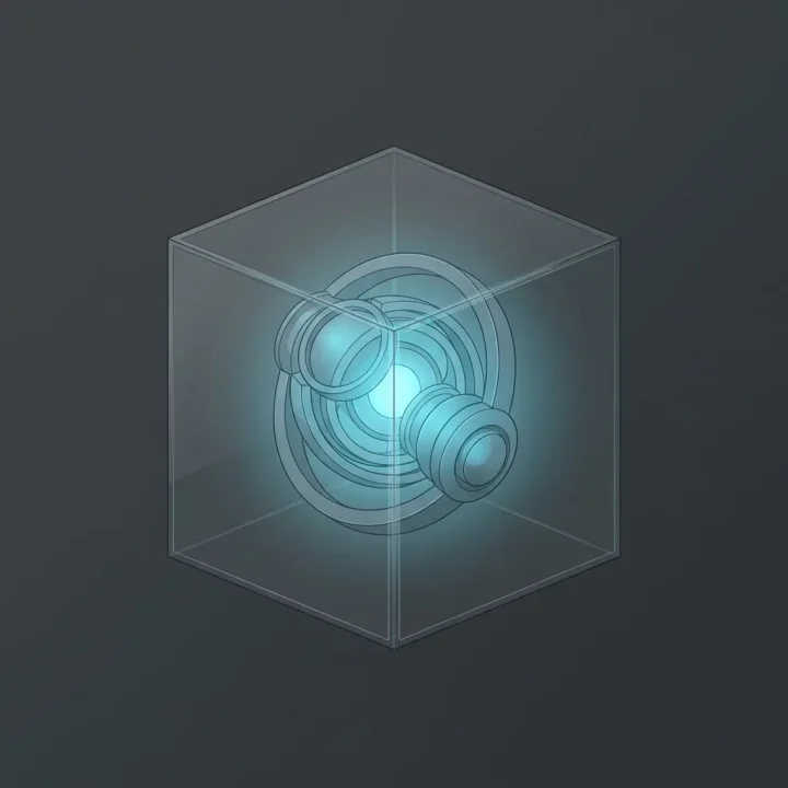 A minimalist conceptual illustration of a glowing blue core turning within a translucent cubic frame against a dark background.