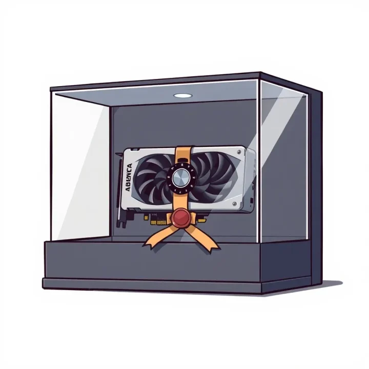 An editorial illustration depicting a graphics card sealed within a glass display container secured by a wax seal.