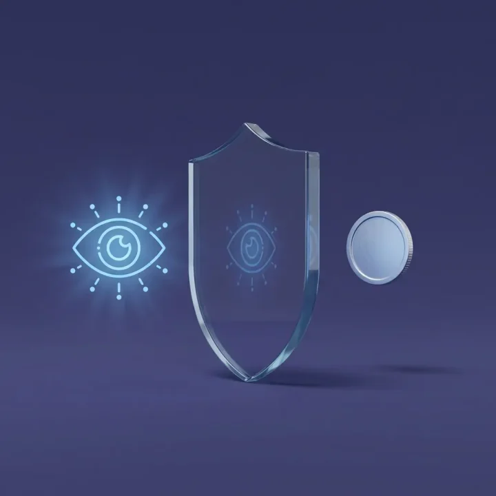 A minimal conceptual illustration of a glass shield separating a digital eye symbol from a coin on a dark background.