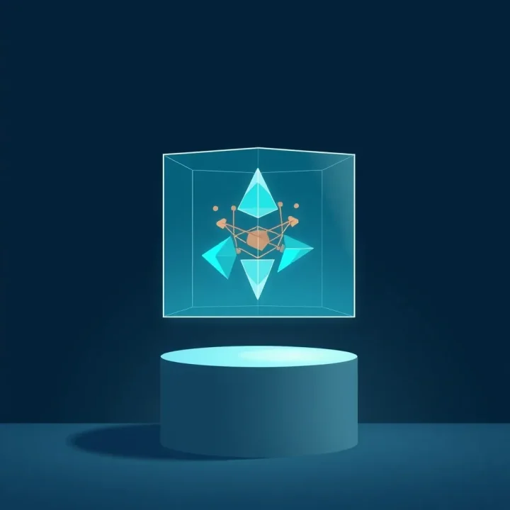 Ein leuchtender geometrischer Glaskubus mit innerer Kupferverdrahtung auf einem mattgrauen Sockel.