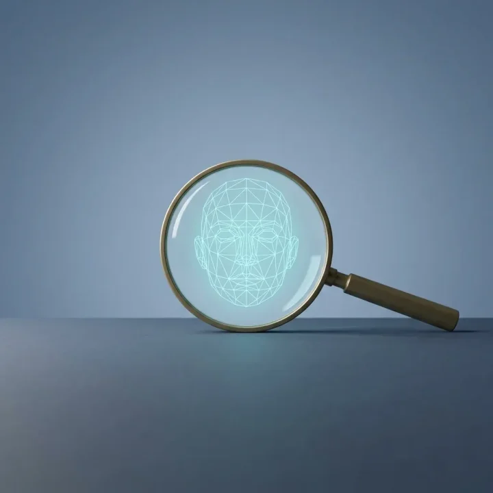 An editorial illustration showing a magnifying glass examining a wireframe face mesh on a marble portrait bust alongside a brass caliper on a slate table.