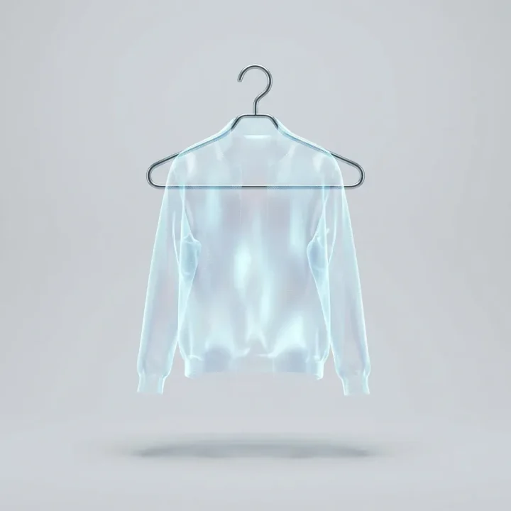 A minimalist illustration featuring a single sleek hanger holding a glowing holographic jacket against a light grey backdrop.