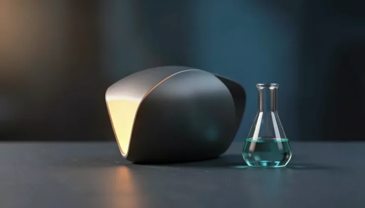 Illustration éditoriale montrant un composant de vaisseau spatial résistant à la chaleur en disilicide de molybdène incandescent posé à côté d'un flacon de laboratoire en verre sur une surface en ardoise.