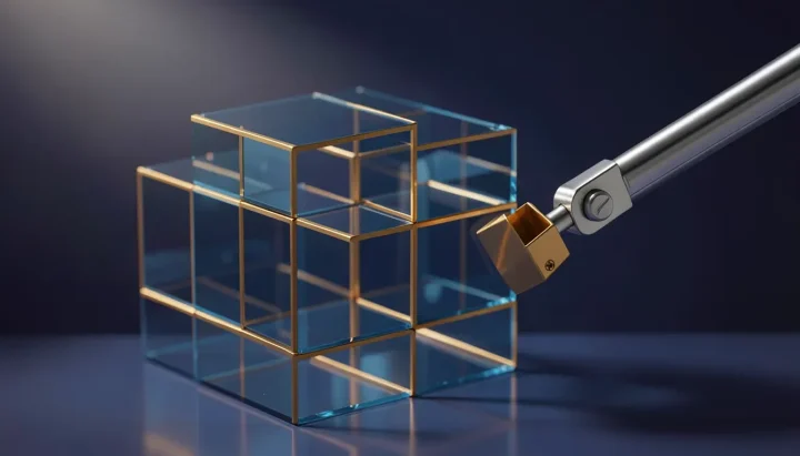Editorial illustration featuring a modular geometric glass and brass structure being assembled by a polished silver mechanical arm.