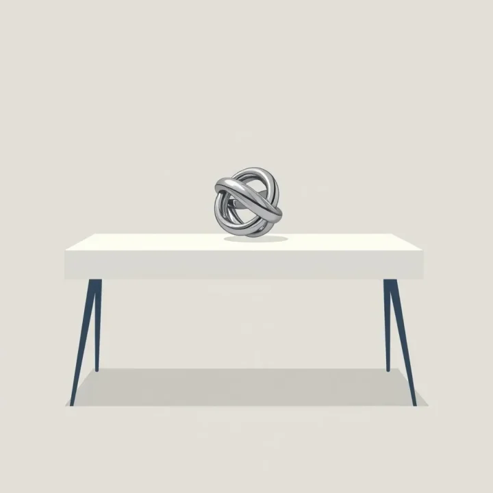 A minimalist office desk featuring a polished metal geometric knot against a muted background with ample negative space.