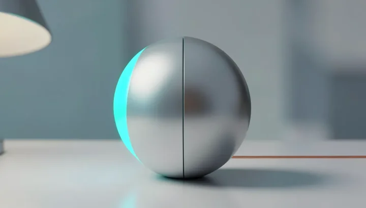 Une sphère fendue en acier poli posée sur un bureau en ardoise, éclairée par une lumière turquoise avec un fil de cuivre horizontal, illustrant l'évaluation de l'IA vocale.