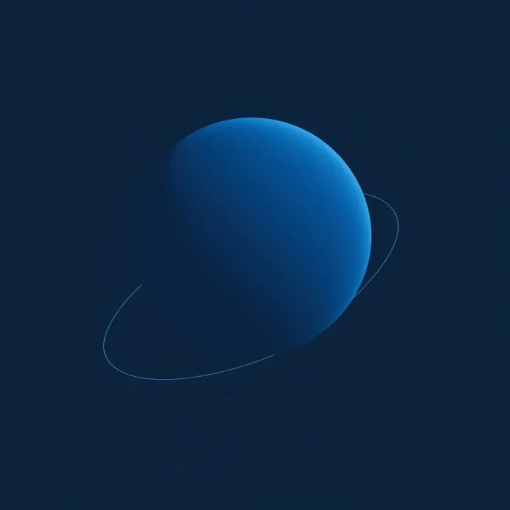 Un planeta parecido a Neptuno, de color azul profundo, aparece sobre un fondo oscuro mientras un fino arco orbital lo rodea, como símbolo de la predicción matemática.