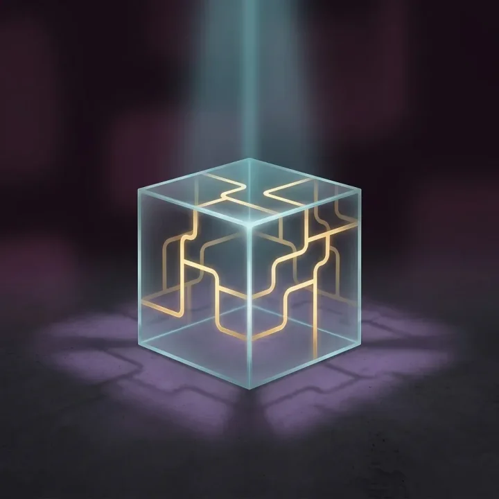 Un cube de verre lumineux rempli de réseaux dorés complexes repose sur un sol en charbon sombre sous une lumière violette ambiante et un léger rayon cyan.