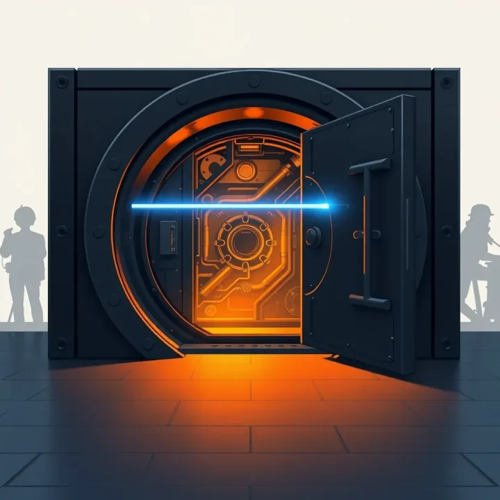 Editorial illustration of an enterprise network gateway vault door leaking amber light as a translucent blue signal bypasses heavy deadbolts.