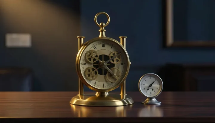 Un barómetro de latón antiguo pulido y un medidor meteorológico de plata reposan sobre una mesa de nogal oscuro dentro de una habitación índigo suavemente iluminada.