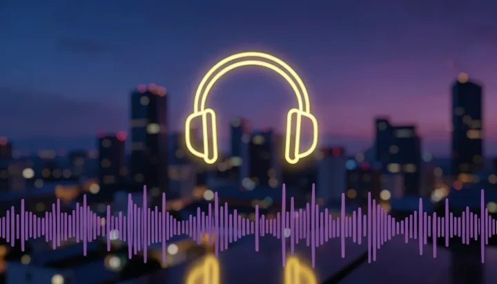 A glowing golden neon headphones icon floating above an abstract audio waveform track set against a modern dusk city backdrop in indigo and violet tones.