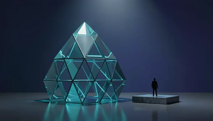 Illustration éditoriale d'un grand réseau cristallin géométrique bleu-vert lumineux sur un sol en ardoise sombre, à côté d'une petite silhouette humaine.
