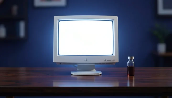 Una ilustración editorial de un monitor de vidrio antiguo que brilla sobre un escritorio de nogal oscuro junto a un frasco de vidrio con sangre en un entorno de estudio oscuro.