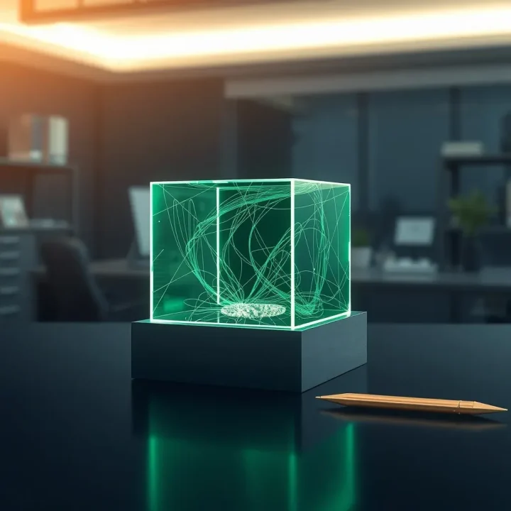 A translucent emerald-green resin cube with internal glowing fiber optic networks resting on a dark metal workbench next to a slender brass stylus in a navy-toned office setting.
