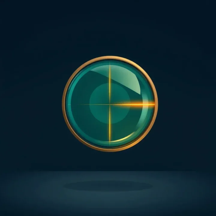 Une lentille en verre bleu-vert foncé stylisée et encadrée de bronze, transformant un faisceau de lumière en une ligne géométrique minimaliste sur un fond de studio bleu marine.