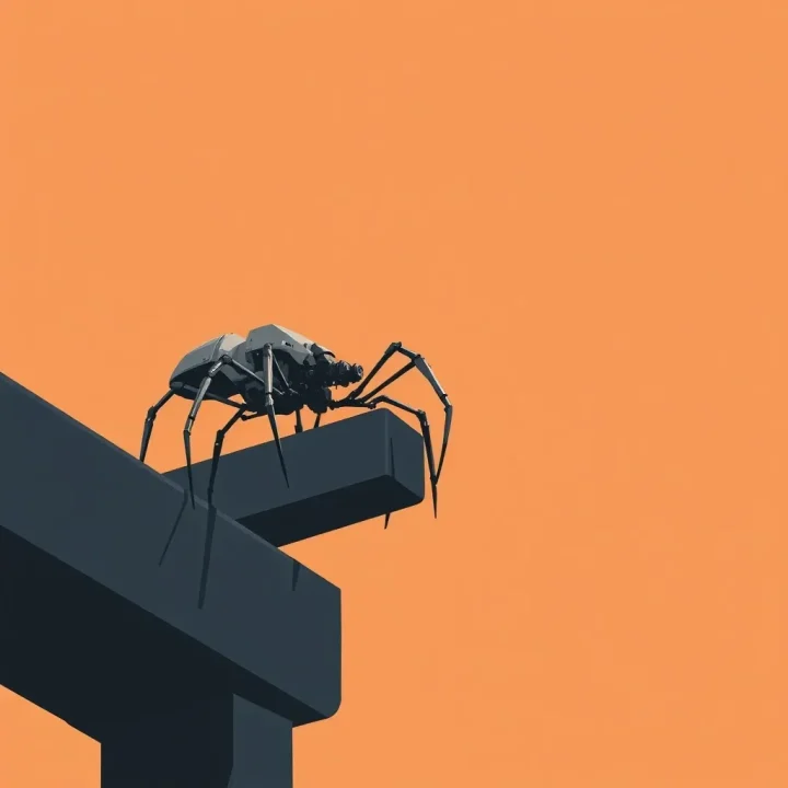 Eine minimalistische redaktionelle Illustration eines metallischen Spinnen-Roboters, der auf einem dunklen Träger sitzt und einen Schatten auf einen gedämpften wüstenorangen Hintergrund wirft.