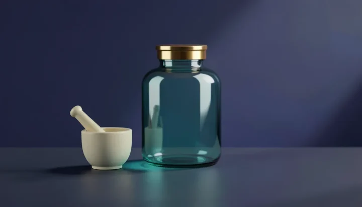 Um grande frasco de farmácia de vidro azul-turquesa brilhante e um almofariz com pilão de cerâmica em uma superfície escura.