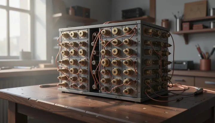 Un dispositif informatique ancien composé de relais mécaniques en laiton et en acier, posé sur un établi en bois dans un atelier sombre.