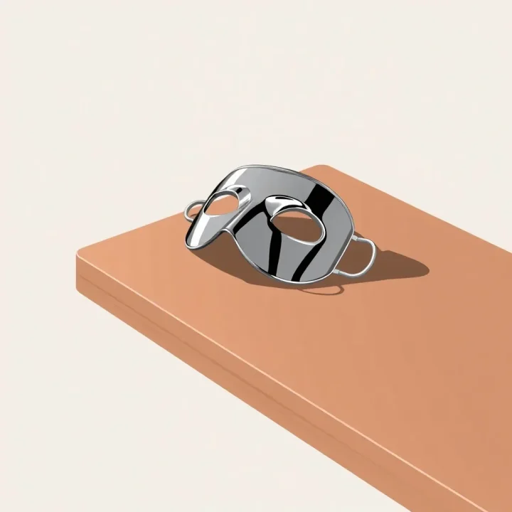 A minimalist editorial illustration showing a polished chrome mask on a wooden desk, symbolizing the facade of artificial intelligence knowledge among corporate leaders.
