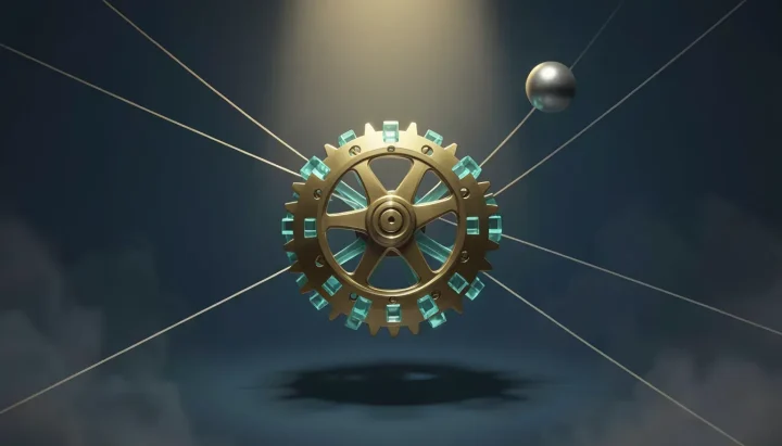 Una ilustración conceptual con un nodo flotante de engranajes de latón conectado por enlaces geométricos verde azulado traslúcidos en un espacio atmosférico azul oscuro.