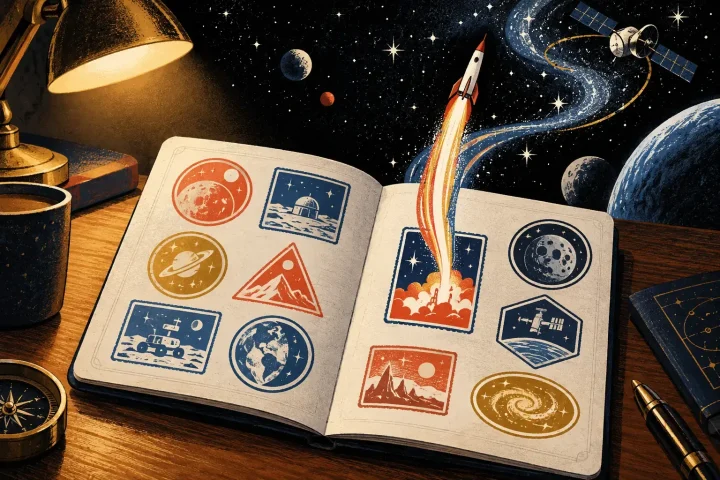 Um passaporte espacial virtual aberto, preenchido com carimbos coloridos de missões, repousa sobre uma mesa iluminada, enquanto o rastro de um foguete sobe de um carimbo recente em direção a um céu estrelado com uma nave em órbita.