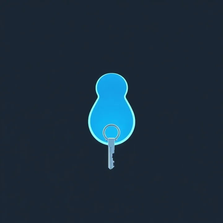 Ilustración minimalista de un ojo de cerradura azul resplandeciente con una llave flotante de precisión sobre un fondo oscuro.