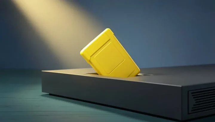 A yellow plastic video game cartridge partially inserted into a dark grey console slot under warm spotlighting.