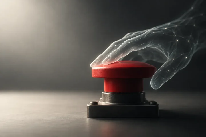 Une main abstraite et translucide retient un interrupteur d’arrêt d’urgence rouge sur un arrière-plan doucement plongé dans l’ombre.