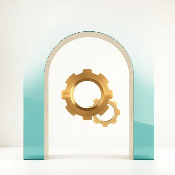 Um arco central de vidro polido na cor verde-azulado abrigando duas engrenagens de latão escovado sobre um fundo de estúdio minimalista em tom off-white.
