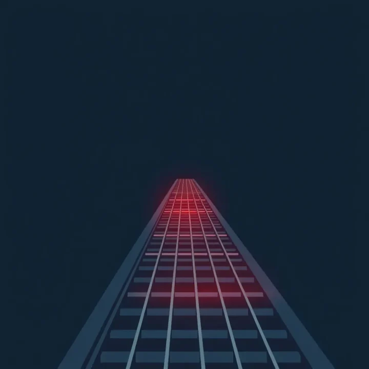 A minimal conceptual illustration of a glowing metallic conveyor belt descending into a dark abyss against a navy background.