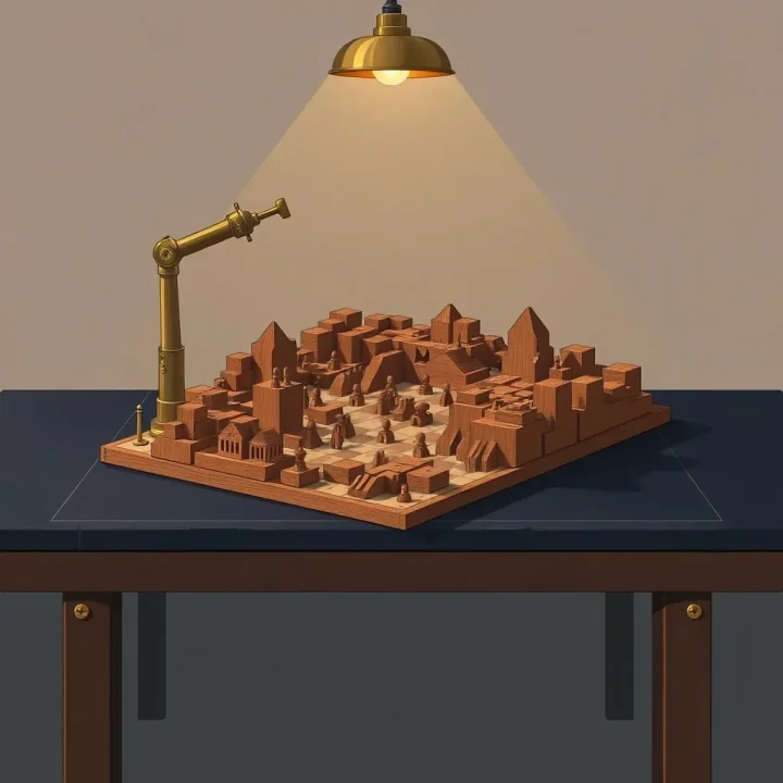 Editorial illustration of a polished teak game landscape being assembled on a workbench by an articulated brass mechanical arm under a spotlight.