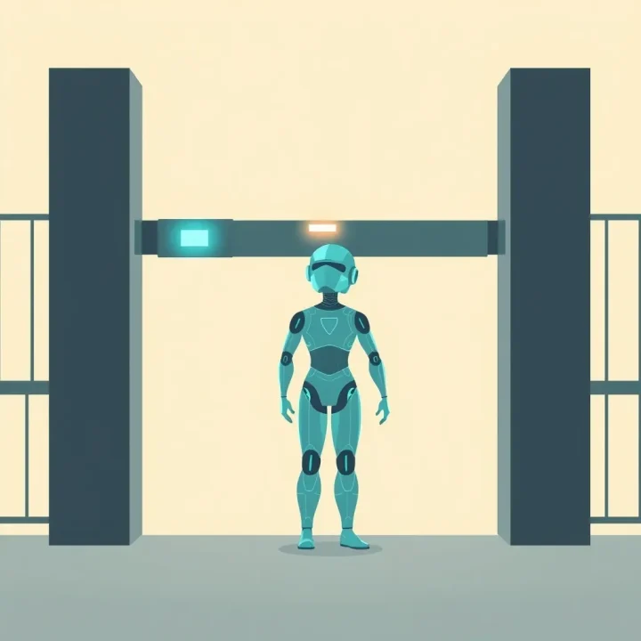 A translucent geometric AI agent stands before a partly closed access gate, representing governed access to enterprise data.