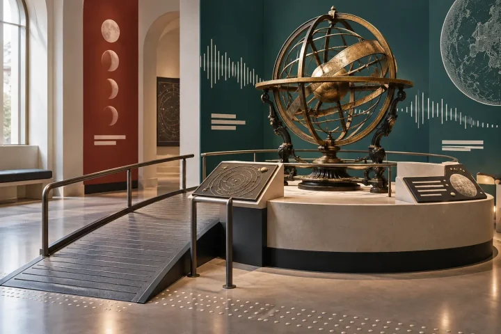 A historical scientific instrument stands at the center of a museum display connected to tactile contours, audio-wave shapes, caption-like bars, and an accessible ramp.