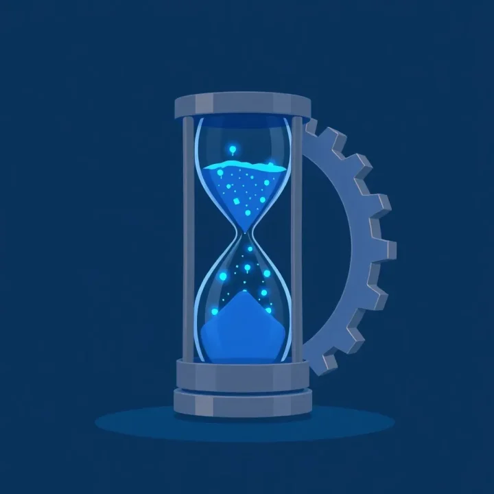 Un reloj de arena azul brillante lleno de nodos de código ubicado dentro de un gran engranaje metálico sobre un fondo azul oscuro.