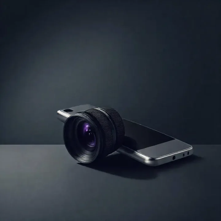 Editorial illustration of a sleek smartphone integrated with a cinematic camera lens under soft directional lighting.