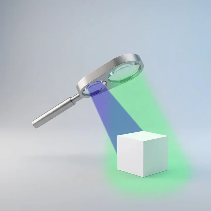 Conceptual illustration of a dual-lens magnifying glass shining focused indigo and wide emerald light onto a geometric cube.