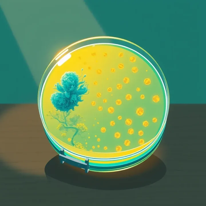 Illustration éditoriale d'une boîte de Pétri en verre contenant un gel nutritif bleu-vert avec une colonie de moisissure turquoise créant un halo transparent au milieu de colonies bactériennes dorées sur une table en bois de teck.