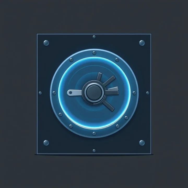 Uma porta de cofre metálica escura protegida por um escudo azul brilhante localizado que cobre um único ponto de violação.