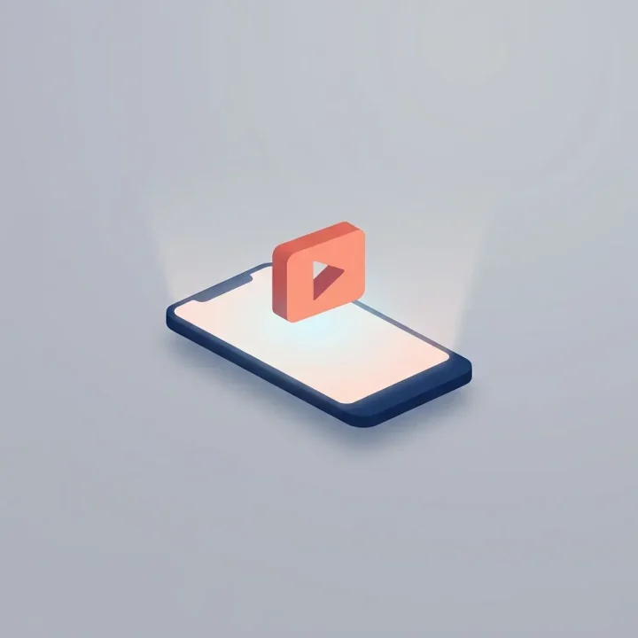 Conceptual illustration of a mobile smartphone on a grey backdrop with a 3D play button floating above the screen.