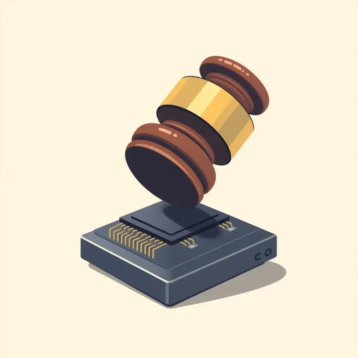 A wooden judge's gavel balanced on top of a metallic microchip against a neutral dark background.