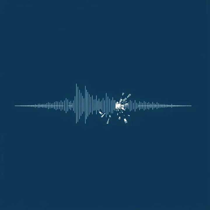 Une illustration horizontale épurée montrant une onde sonore numérique stylisée qui se brise sur un fond bleu foncé.