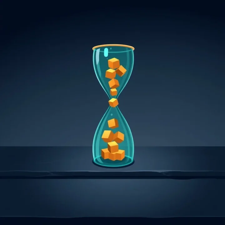 Redaktionelle Illustration eines durchscheinenden, teal-farbenen Sanduhrglases, gefüllt mit leuchtenden bernsteinfarbenen Paketen auf einer dunklen Schieferoberfläche.