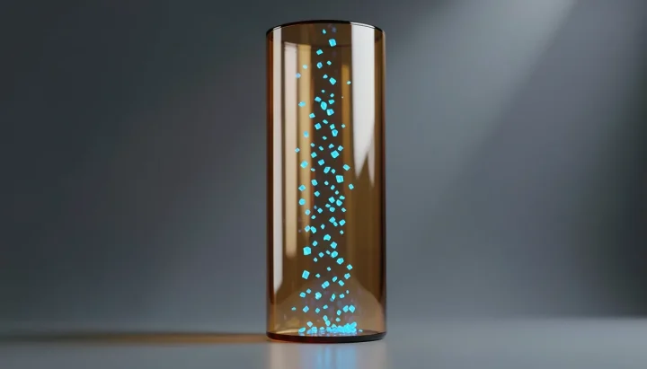 Eine redaktionelle Illustration eines leuchtenden bernsteinfarbenen Glasfilterzylinders, der helle blaue geometrische Partikel vor einem dunklen schiefergrauen Verlaufshintergrund einfängt.