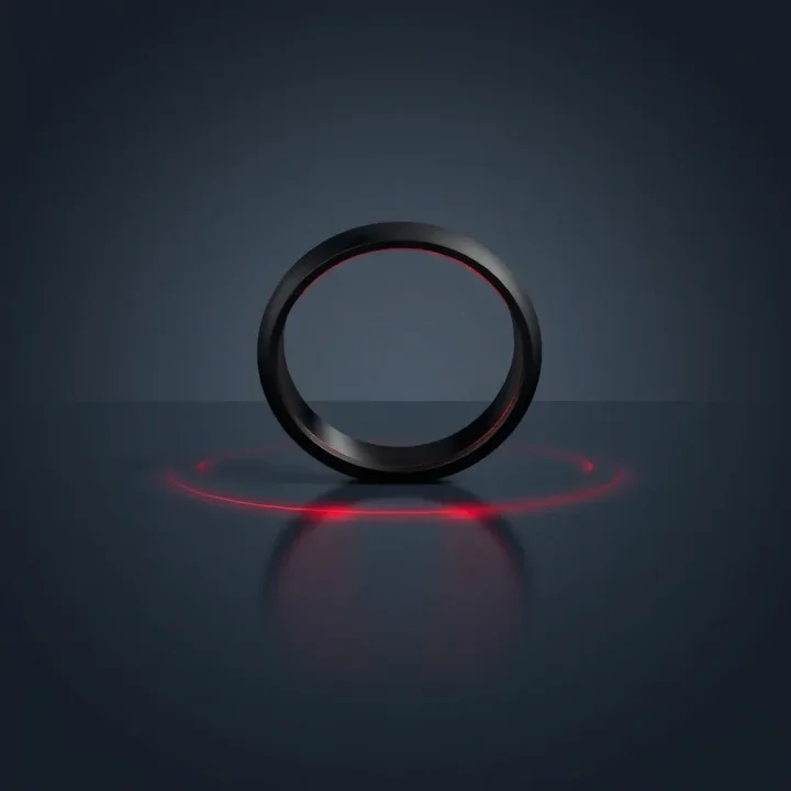 Editorial illustration of a matte black smart ring standing upright on a reflective glass surface with glowing crimson light ripples.